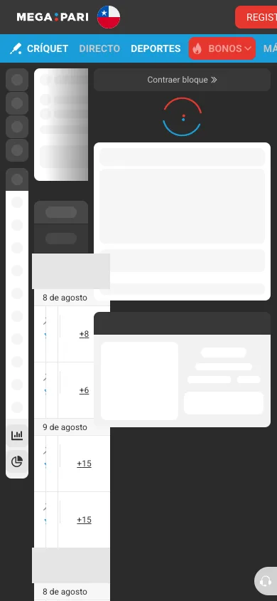 Menú de navegación con la pestaña Críquet en primer lugar, antes de Directo, Deportes y Bonos, sobre un calendario de partidos cargando