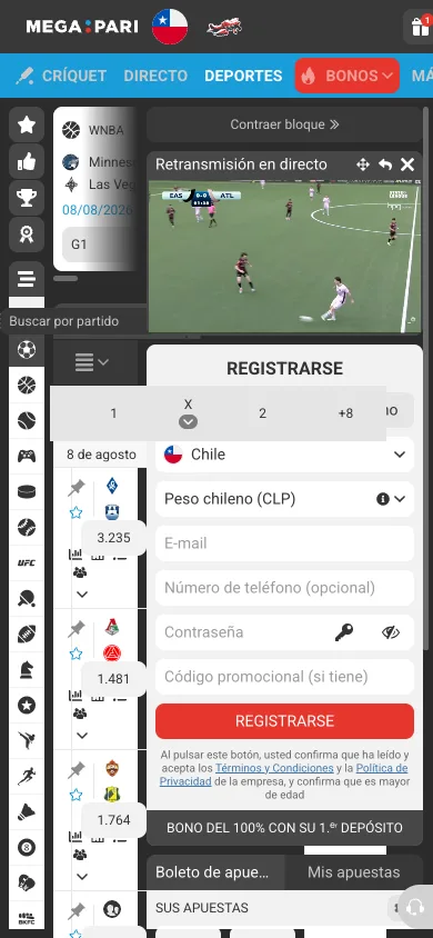 Panel de un partido de fútbol en directo con el mercado 1X2, mercados adicionales y un formulario de registro superpuesto