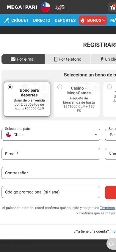 Formulario de alta con pestañas de registro y selector de bono de bienvenida